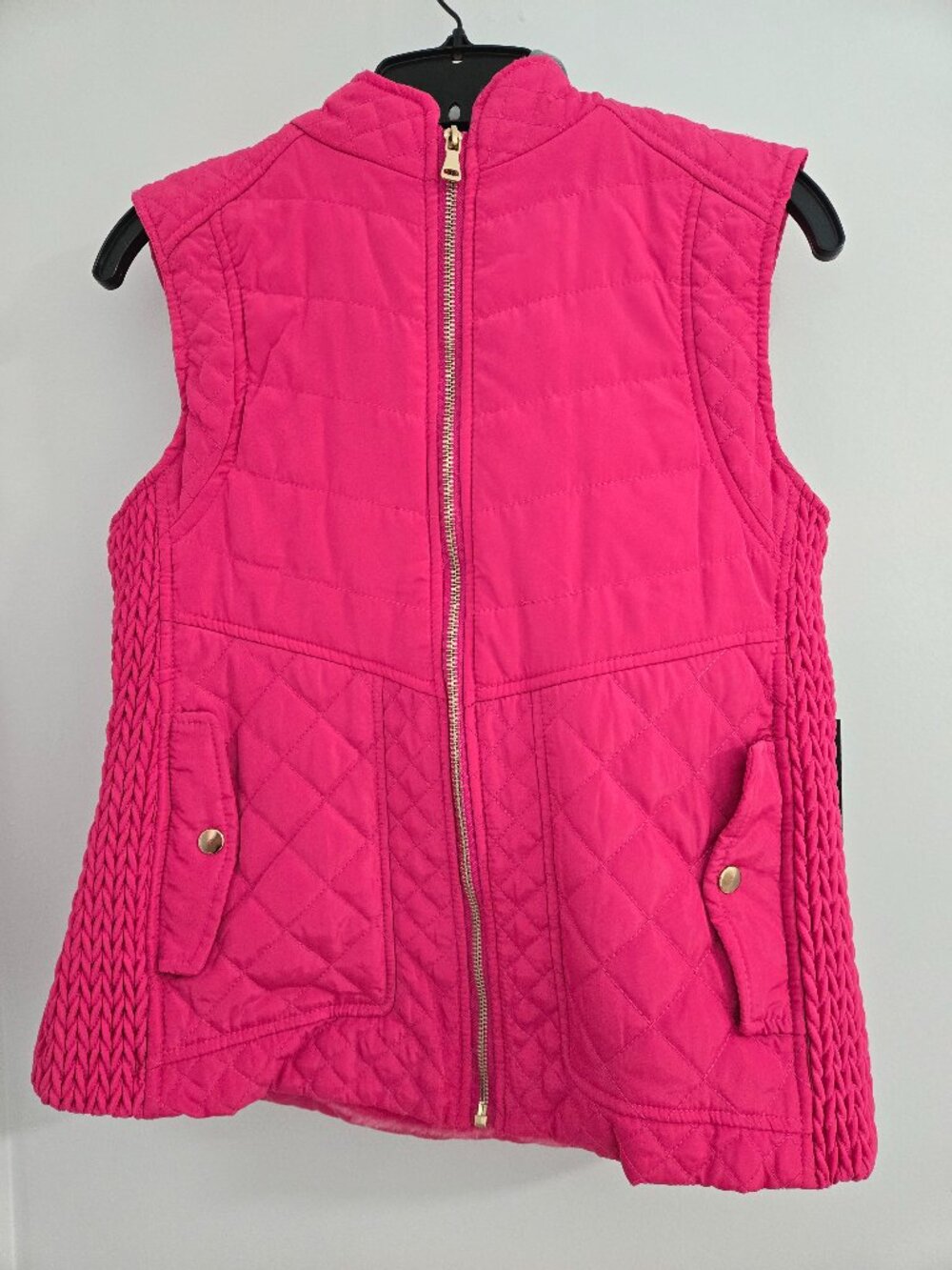 NWT-Louise Paris Pink Quilted Hooded Vest Women's Size L Fleece Lined Gold Zip